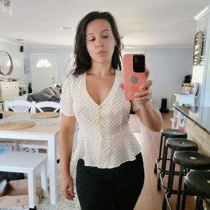 Forever 21 Size M Ivory Red Polka Dot Peplum Blouse